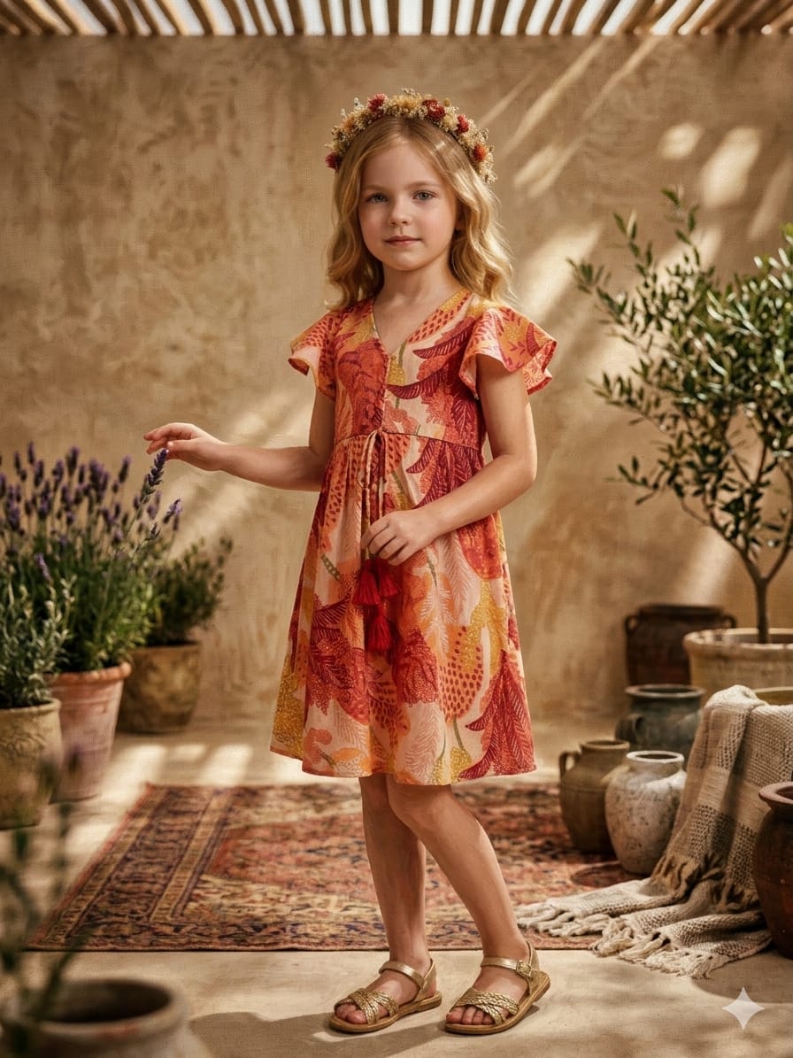 Mom & Me Orange Floral Printed Chanderi Umbrella Style A-Line Dress with Drawstring Waist
