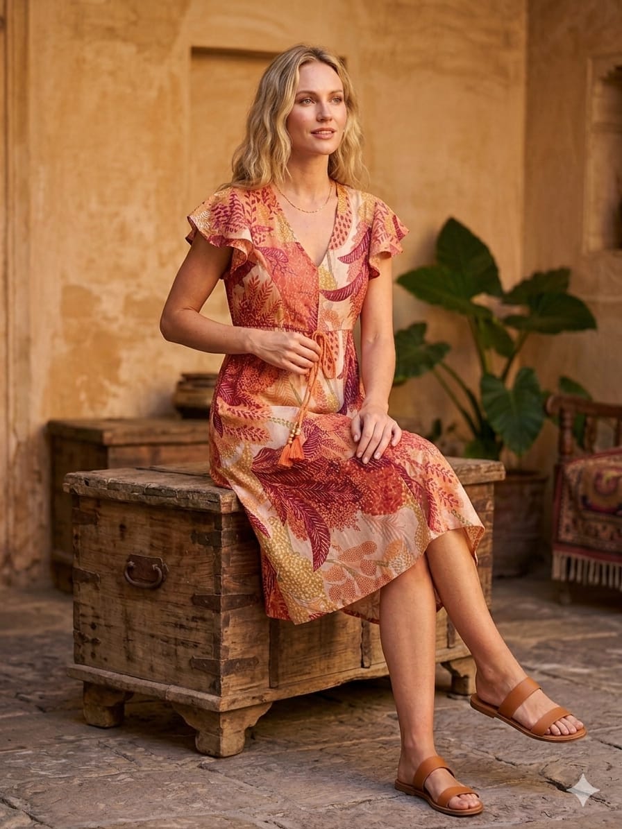 Women’s Orange Floral Printed Chanderi Umbrella Style A-Line Dress with Drawstring Waist