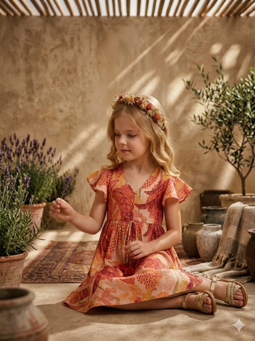 Baby Girls Orange Floral Printed Chanderi Umbrella Style A-Line Dress with Flutter Sleeves