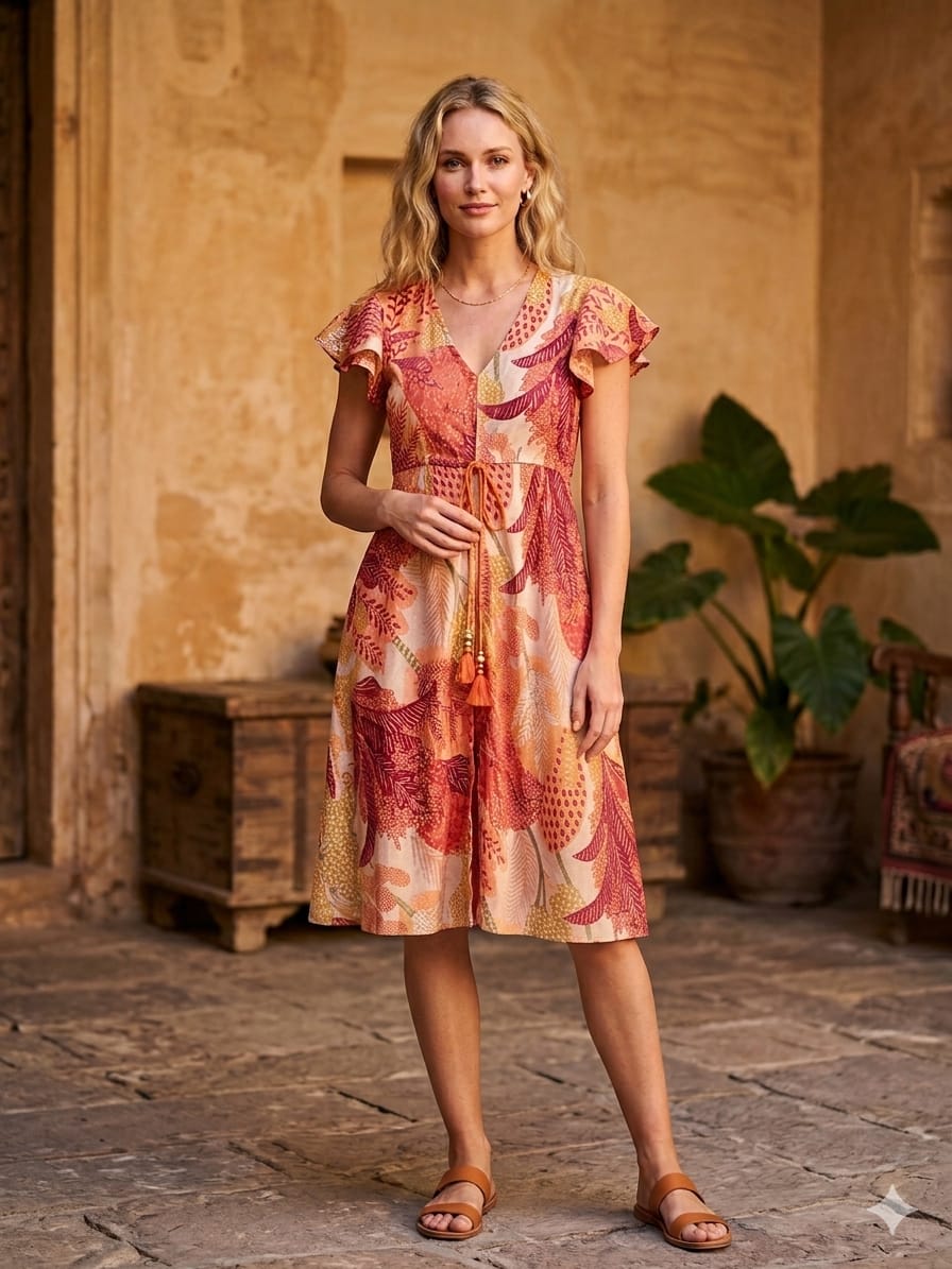 Mom & Me Orange Floral Printed Chanderi Umbrella Style A-Line Dress with Drawstring Waist