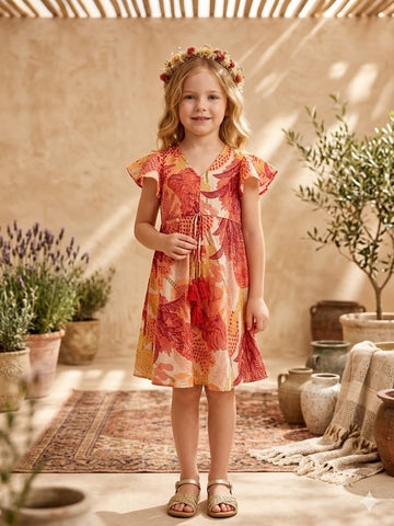 Baby Girls Orange Floral Printed Chanderi Umbrella Style A-Line Dress with Flutter Sleeves