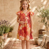 Baby Girls Orange Floral Printed Chanderi Umbrella Style A-Line Dress with Flutter Sleeves