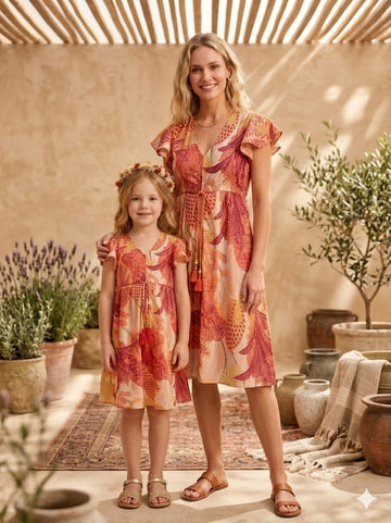 Mom & Me Orange Floral Printed Chanderi Umbrella Style A-Line Dress with Drawstring Waist