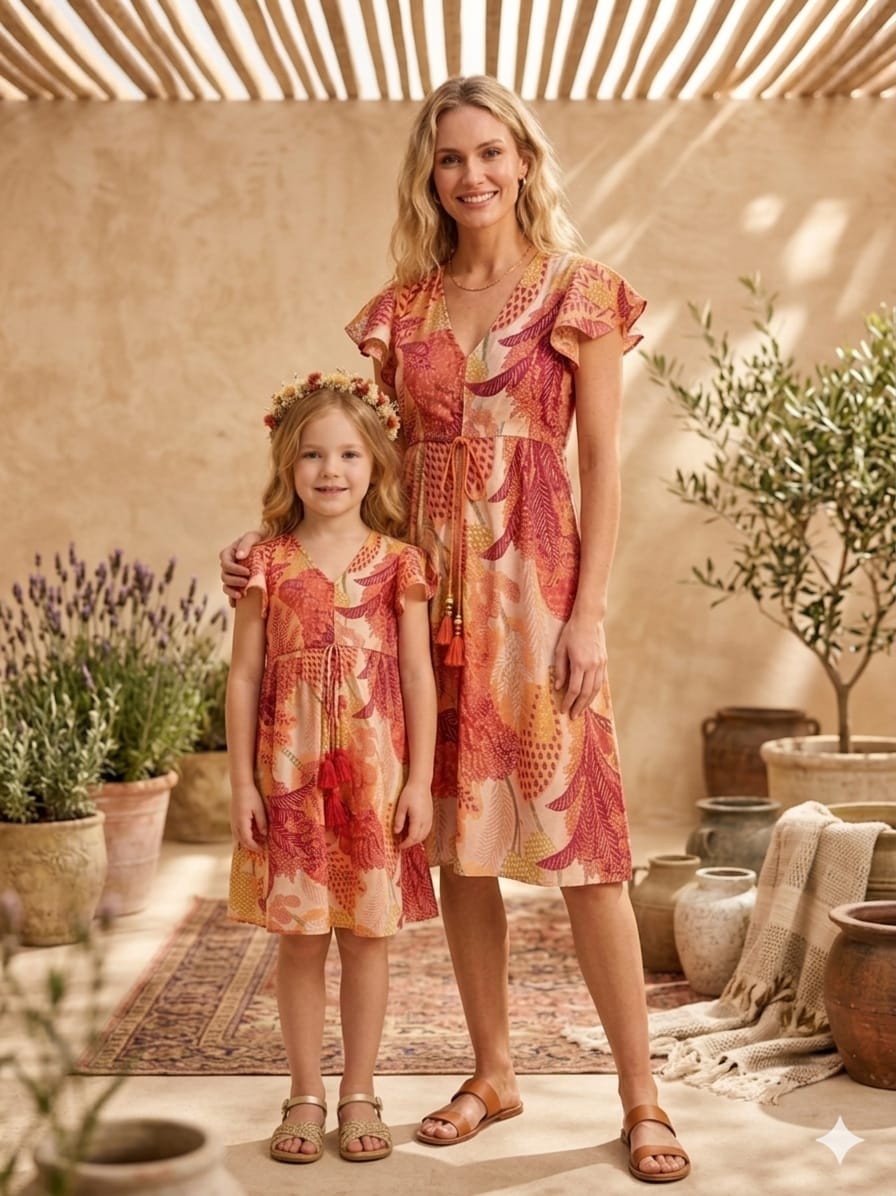 Mom & Me Orange Floral Printed Chanderi Umbrella Style A-Line Dress with Drawstring Waist