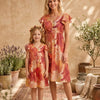Mom & Me Orange Floral Printed Chanderi Umbrella Style A-Line Dress with Drawstring Waist