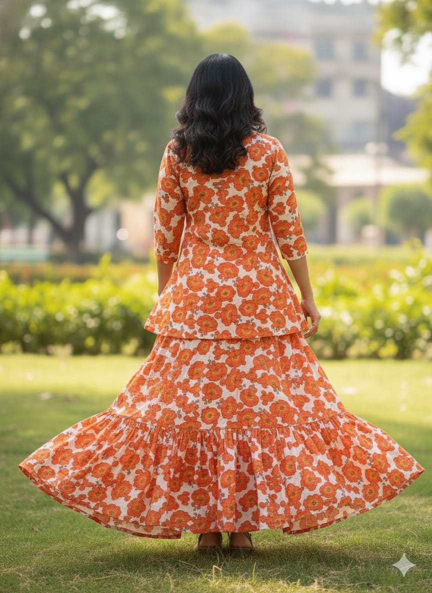 Women’s Orange Floral Printed Cotton Kurta with Flared Skirt Set