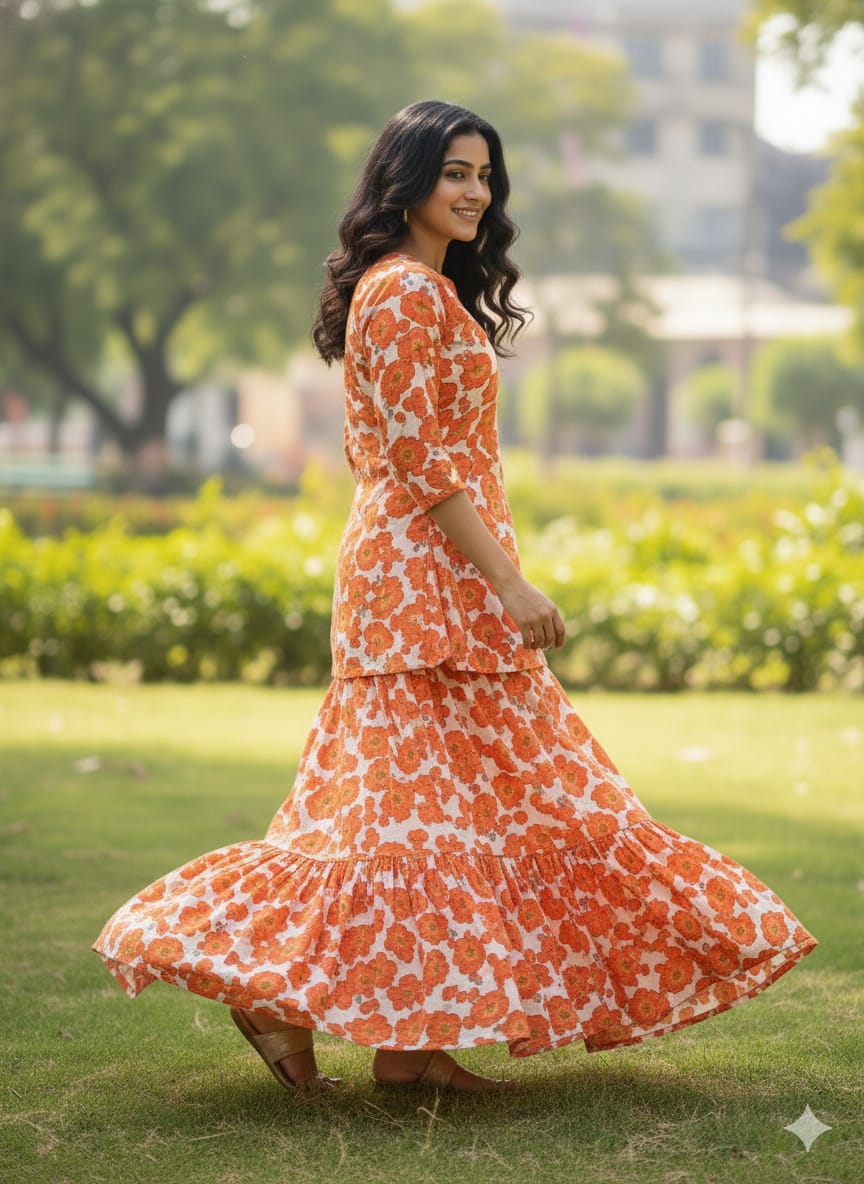 Women’s Orange Floral Printed Cotton Kurta with Flared Skirt Set