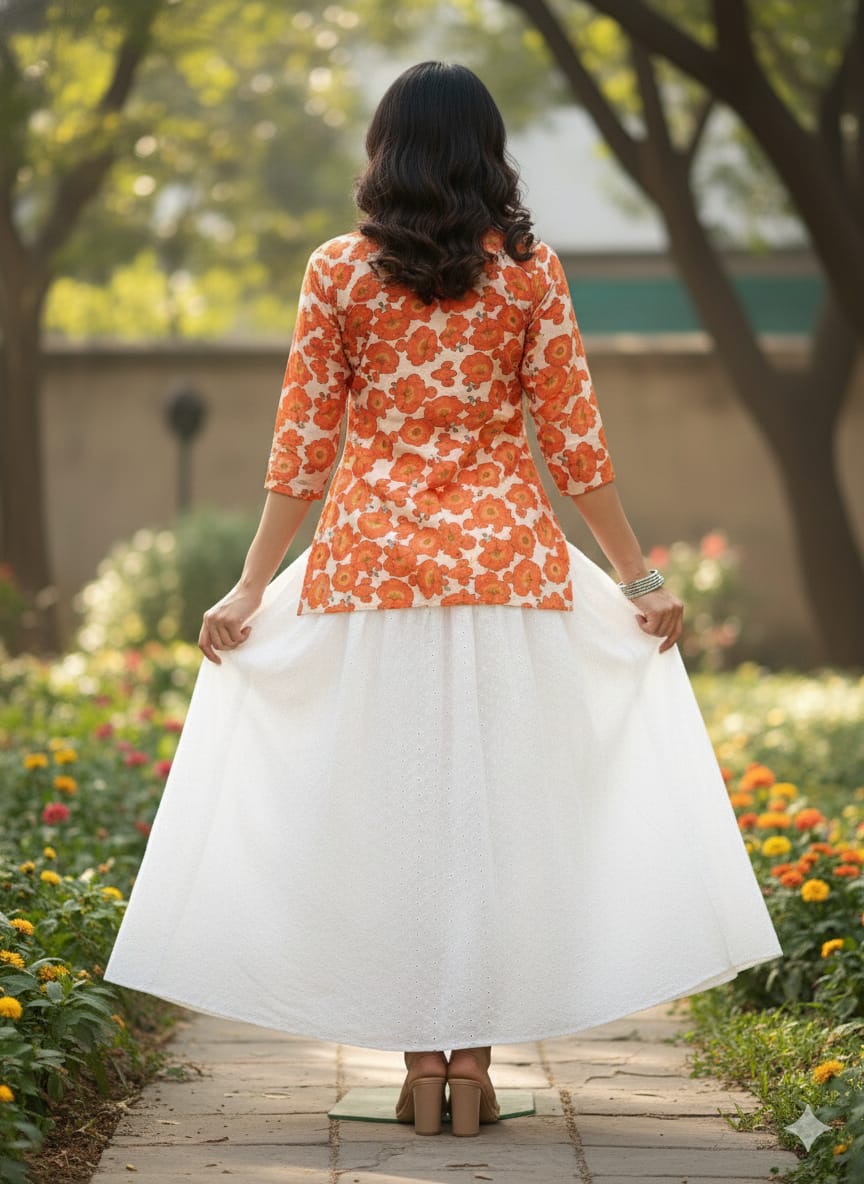 Women’s Floral Printed Cotton Kurta with Chikankari Flared Skirt Set