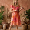 Women’s Orange Leaf Printed Cotton Umbrella Style A-Line Dress with Drawstring Waist
