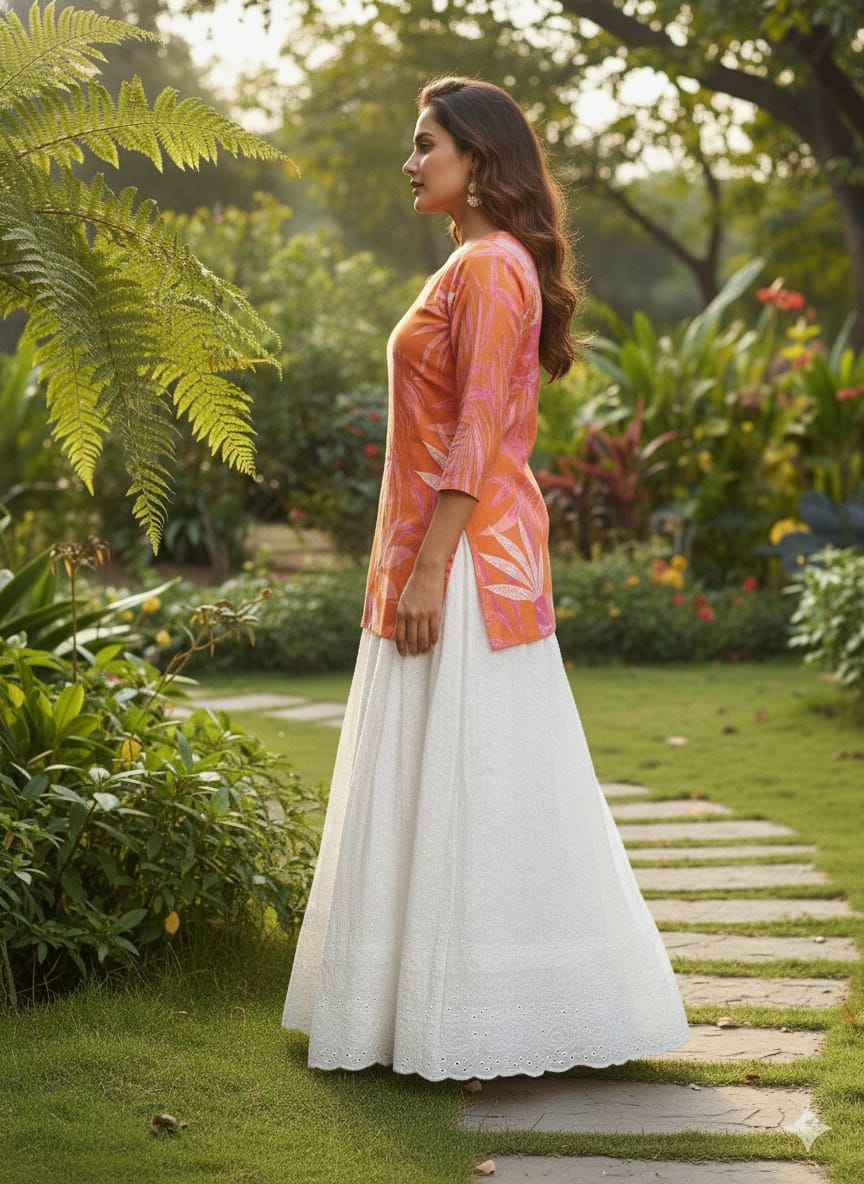 Women’s Orange Leaf Printed Cotton Kurta with Chikankari Flared Skirt Set