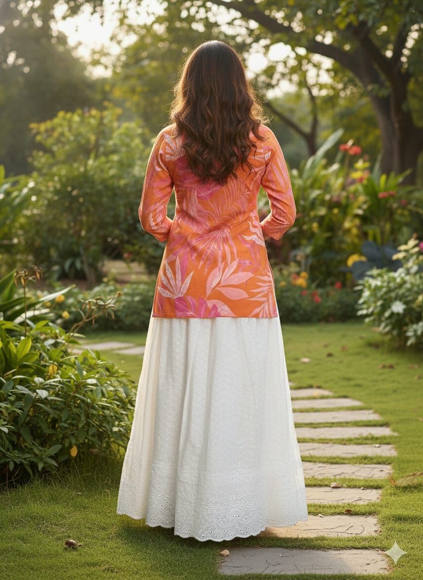 Women’s Orange Leaf Printed Cotton Kurta with Chikankari Flared Skirt Set
