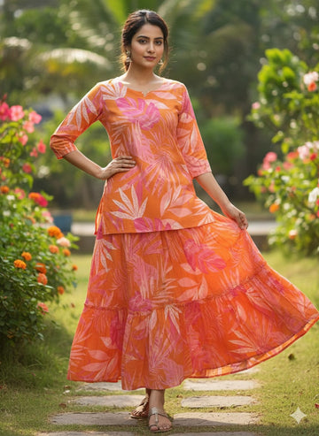 Women’s Orange Leaf Printed Cotton Kurta with Flared Skirt Set