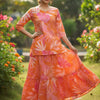 Women’s Orange Leaf Printed Cotton Kurta with Flared Skirt Set