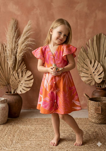 Baby Girls Orange Leaf Printed Cotton Umbrella Style A-Line Dress with Flutter Sleeves