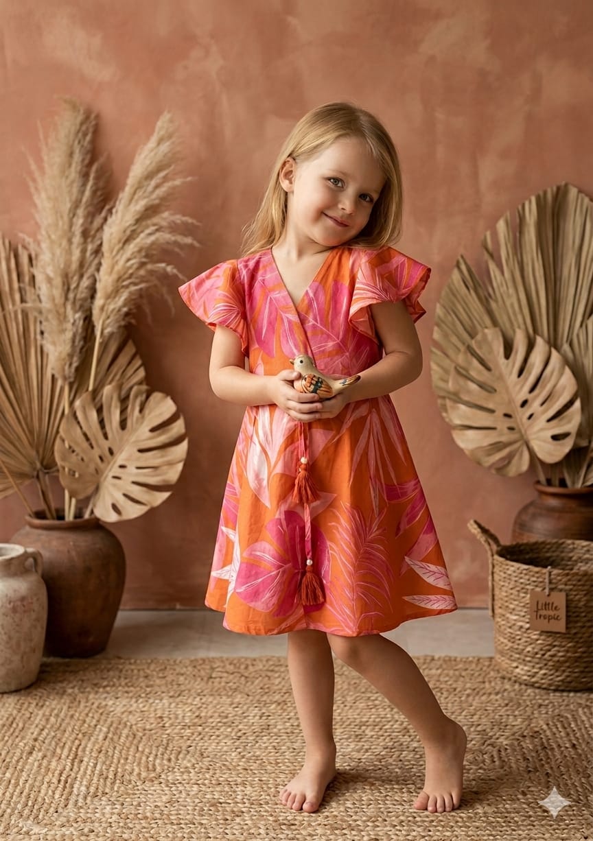Baby Girls Orange Leaf Printed Cotton Umbrella Style A-Line Dress with Flutter Sleeves