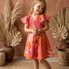 Baby Girls Orange Leaf Printed Cotton Umbrella Style A-Line Dress with Flutter Sleeves
