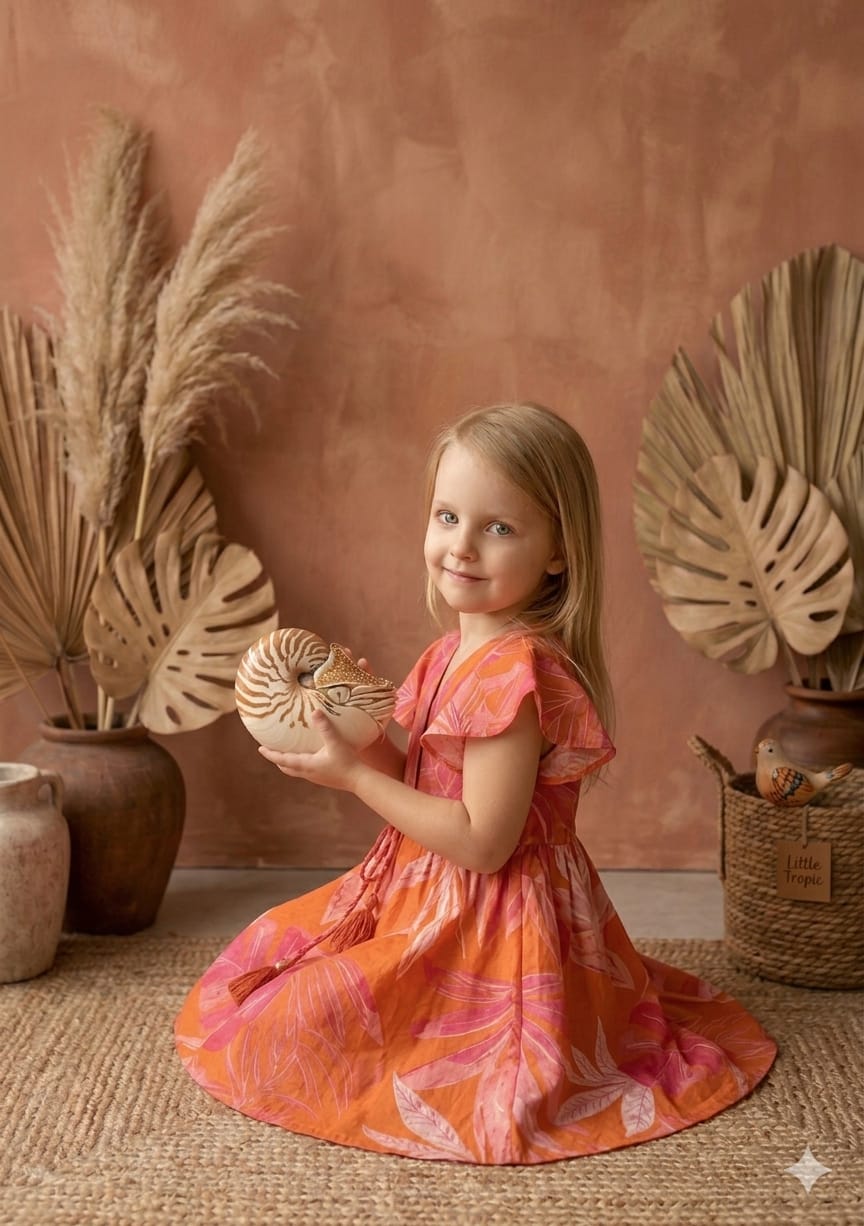 Baby Girls Orange Leaf Printed Cotton Umbrella Style A-Line Dress with Flutter Sleeves
