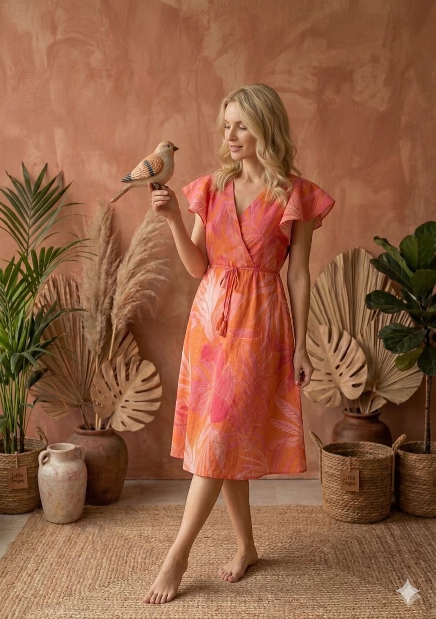 Women’s Orange Leaf Printed Cotton Umbrella Style A-Line Dress with Drawstring Waist