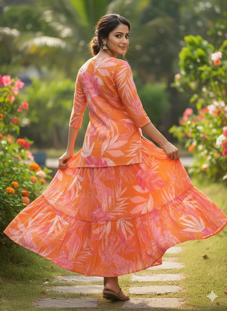 Women’s Orange Leaf Printed Cotton Kurta with Flared Skirt Set