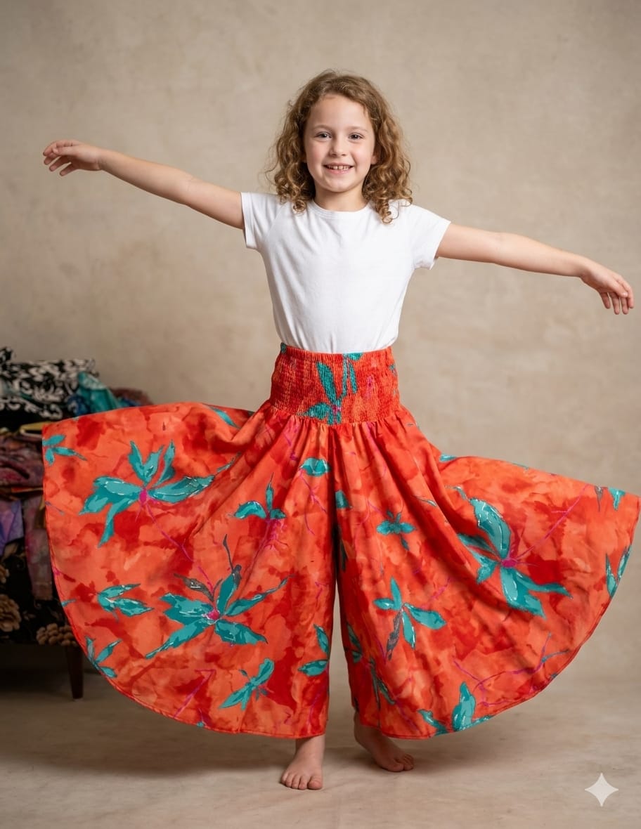 Baby Girl Orange Marbel Abstract Printed Cotton Flared Palazzo Pants with Smocked Waist