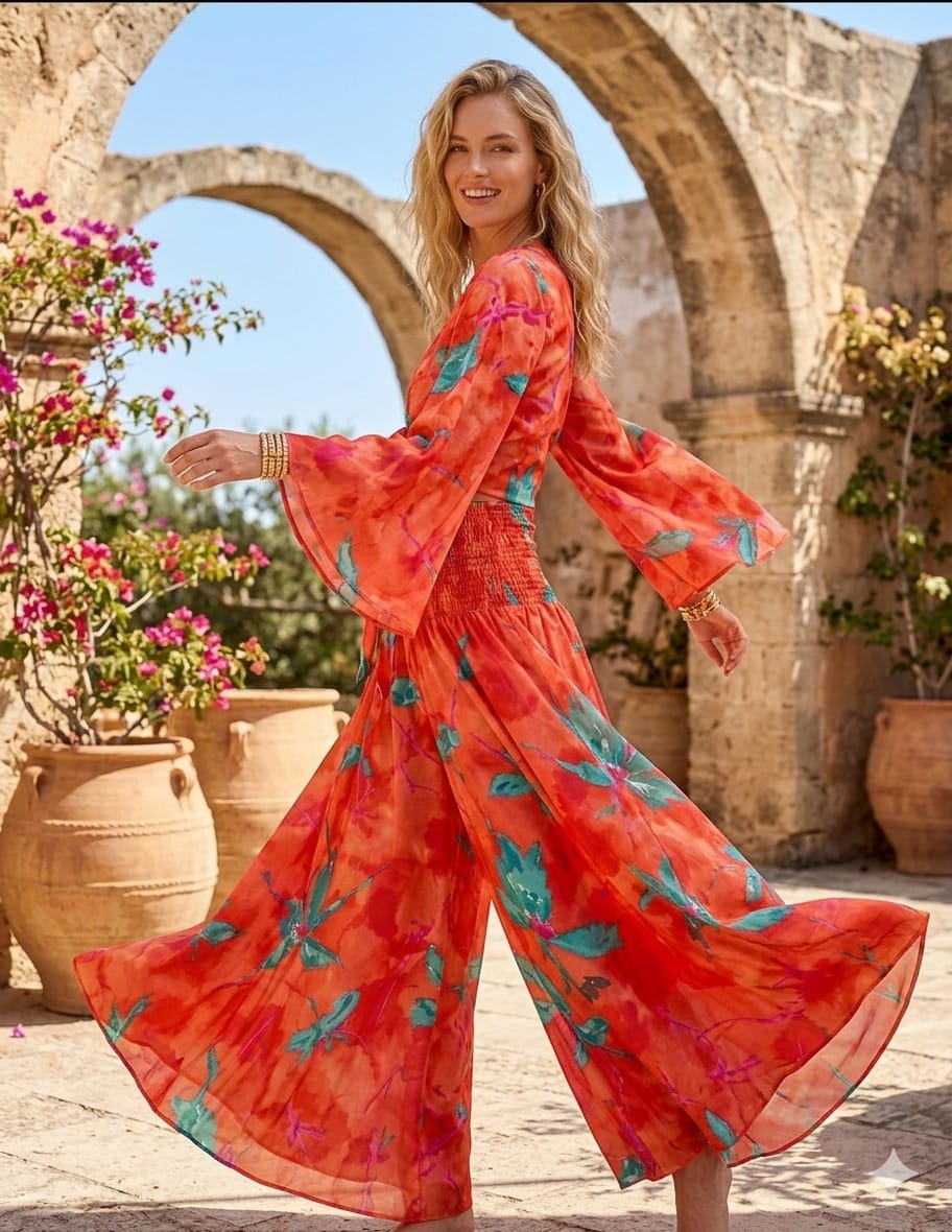 Women’s Orange Marbel Printed Cotton Tie-Front Crop Top & Flared Palazzo Pant Co-ord Set