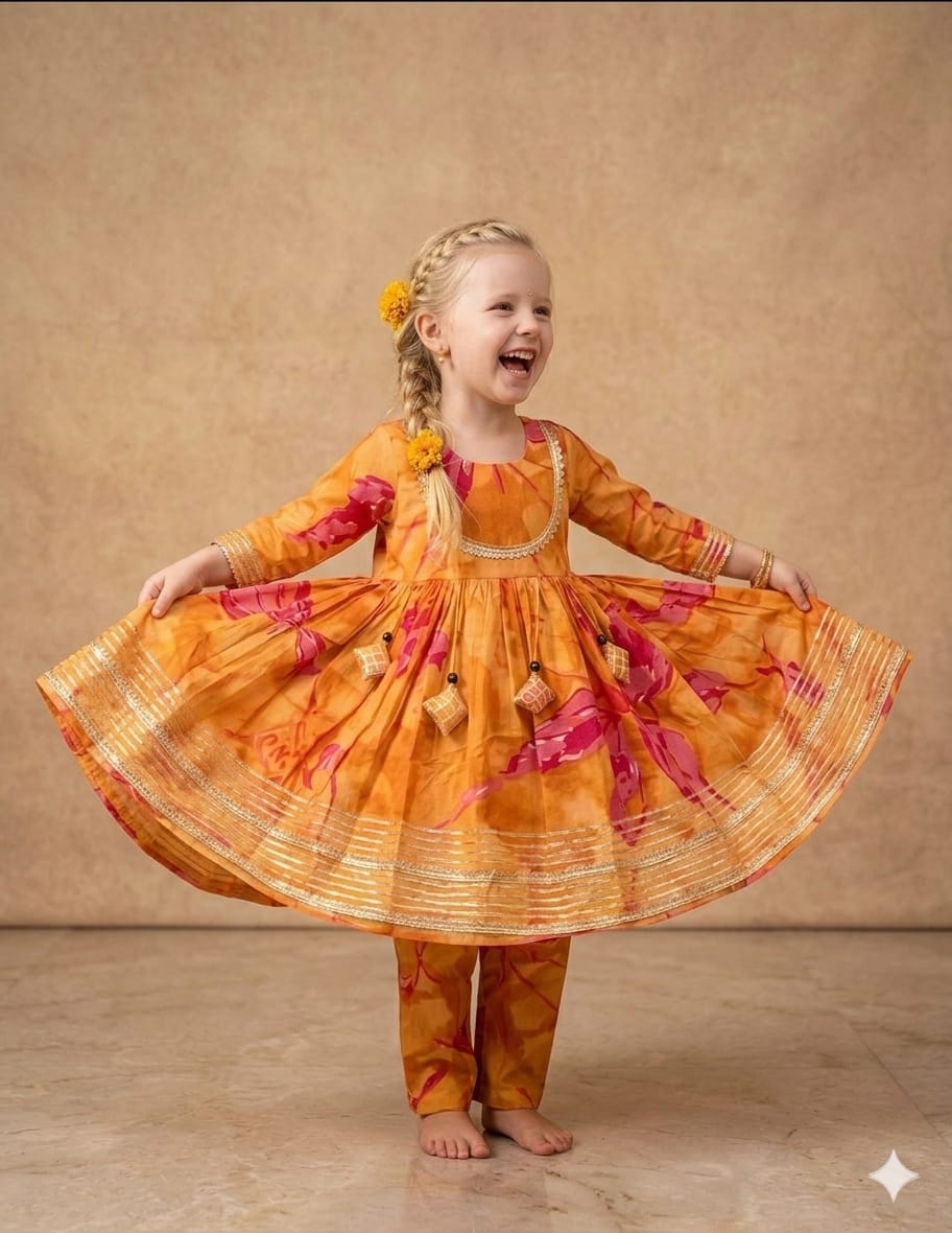Baby Girl Yellow Abstract Print Cotton Anarkali Kurta Set