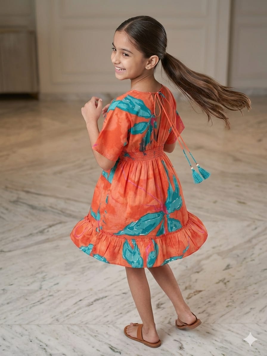 Baby Girls Orange Marbel Printed Cotton Kaftan A-Line Dress