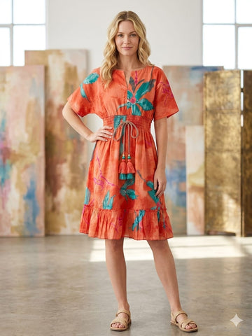 Mom & Me Orange Marbel Printed Cotton Kaftan A-Line Dress