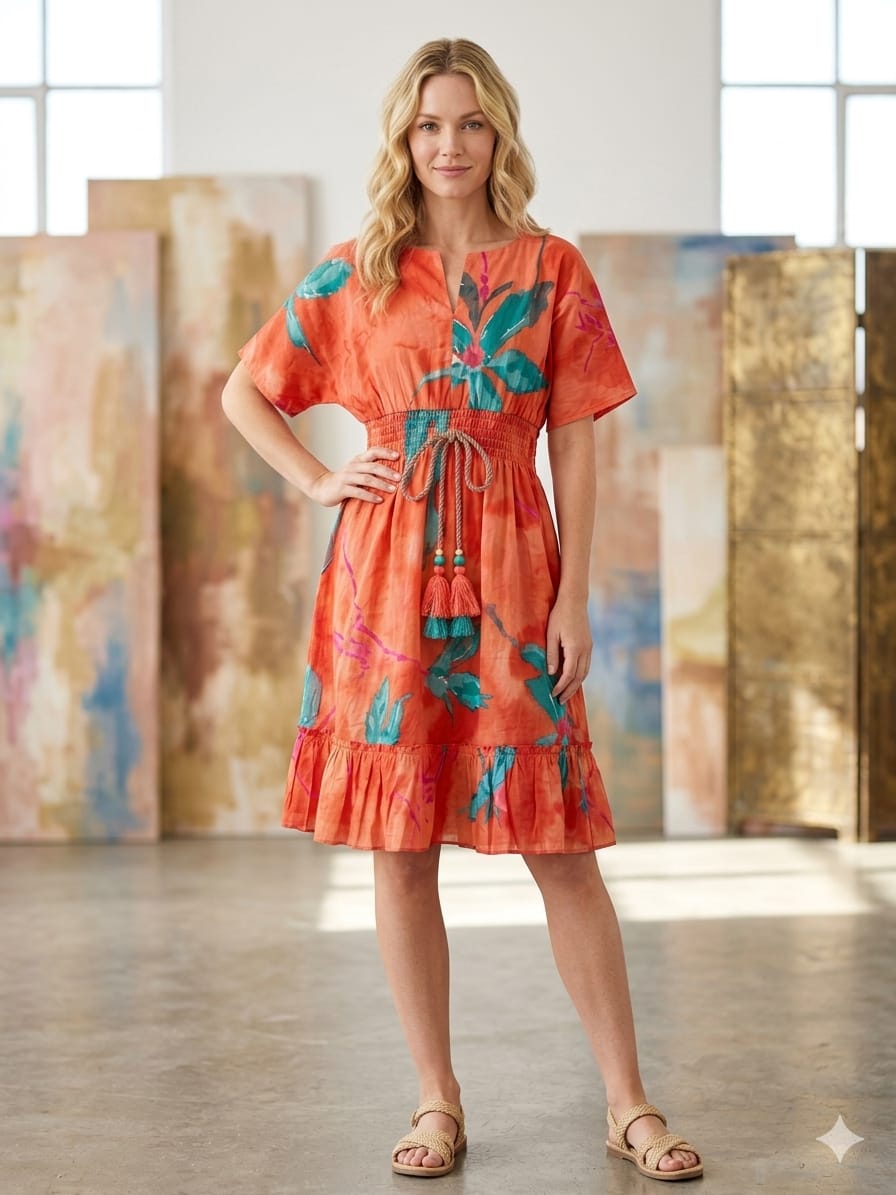 Mom & Me Orange Marbel Printed Cotton Kaftan A-Line Dress
