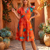 Women’s Orange Marbel Printed Cotton Umbrella Style A-Line Dress with Drawstring Waist