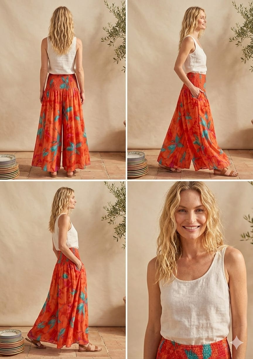 Elegant Orange Marbel Abstract Printed Cotton Flared Palazzo Pants with Smocked Waist
