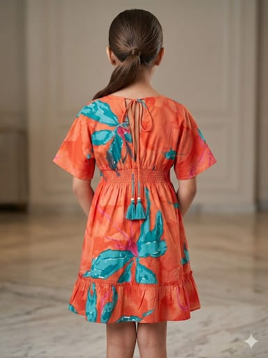 Baby Girls Orange Marbel Printed Cotton Kaftan A-Line Dress