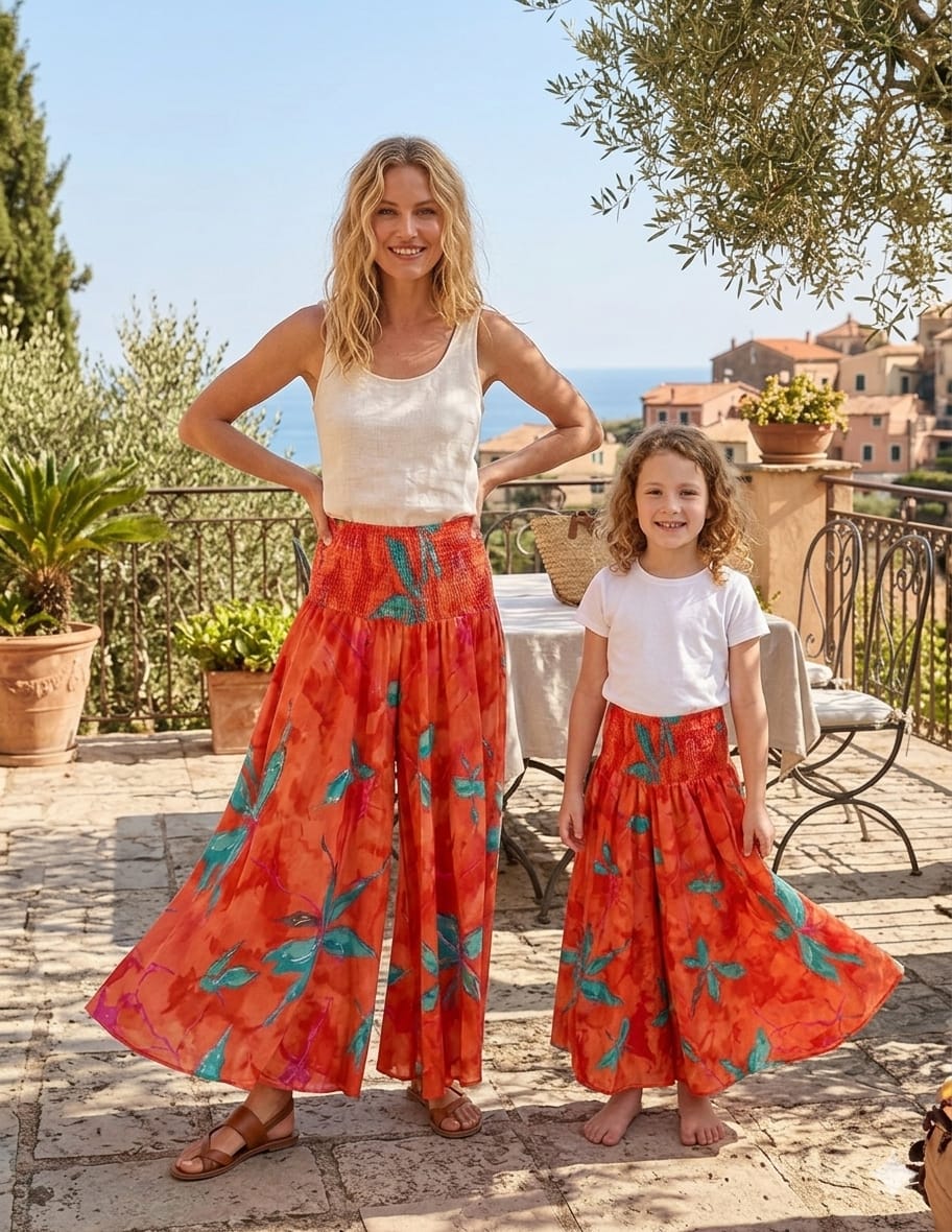 Mom & Daughter Orange Marbel Abstract Printed Cotton Flared Palazzo Pants with Smocked Waist