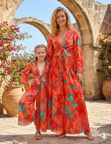 Mom & Me Orange Marbel Abstract Printed Cotton Tie-Front Crop Top & Flared Palazzo Pant Co-ord Set