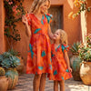 Mom & Me Orange Marbel Abstract Printed Cotton Umbrella Style A-Line Dress with Drawstring Waist
