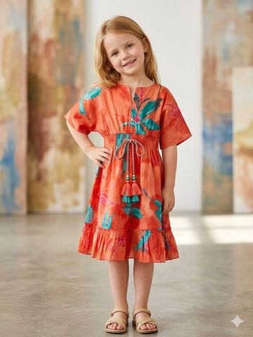 Baby Girls Orange Marbel Printed Cotton Kaftan A-Line Dress