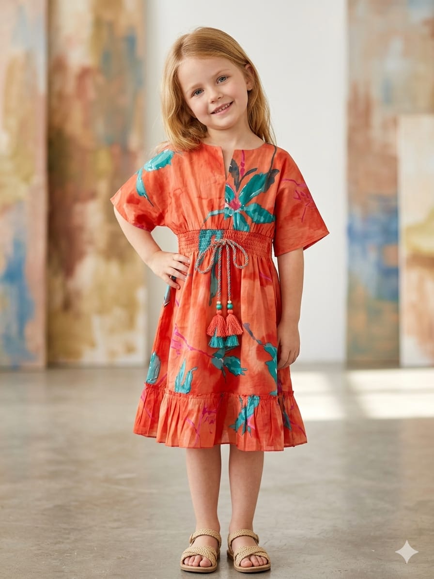 Baby Girls Orange Marbel Printed Cotton Kaftan A-Line Dress