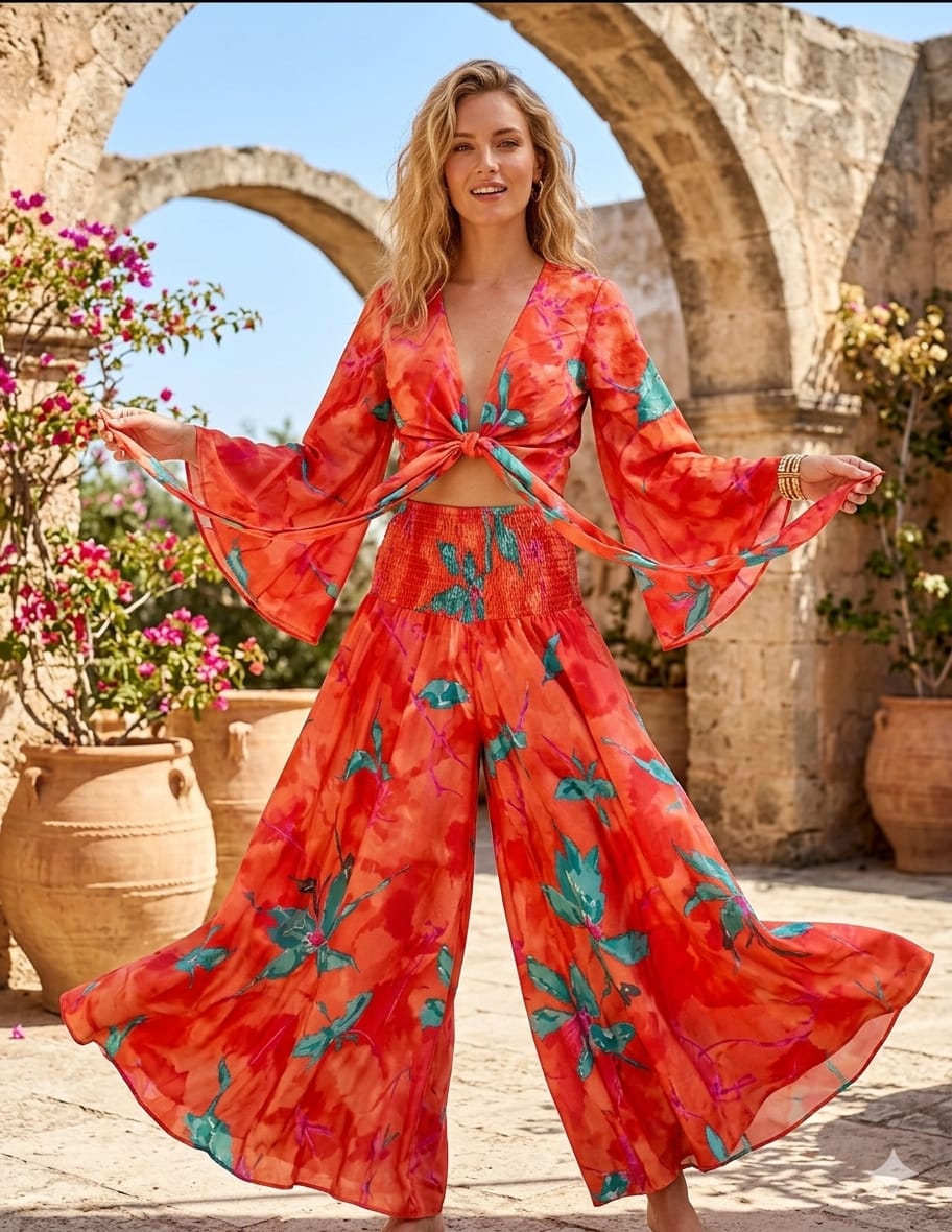 Women’s Orange Marbel Printed Cotton Tie-Front Crop Top & Flared Palazzo Pant Co-ord Set
