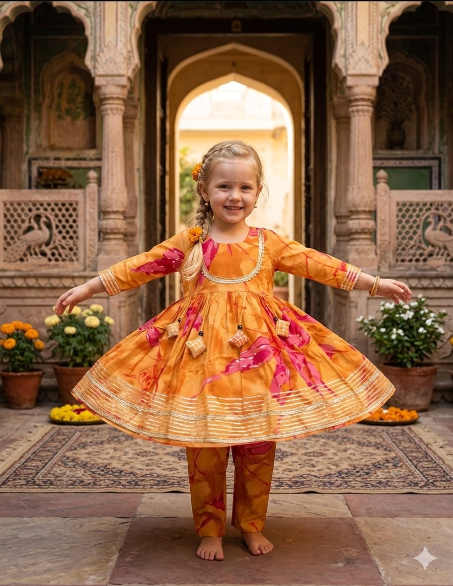 Baby Girl Yellow Abstract Print Cotton Anarkali Kurta Set