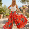 Elegant Orange Marbel Abstract Printed Cotton Flared Palazzo Pants with Smocked Waist