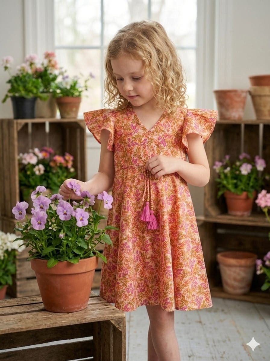 Mom & Me Orange Floral Printed Cotton Umbrella Style A-Line Dress with Drawstring Waist