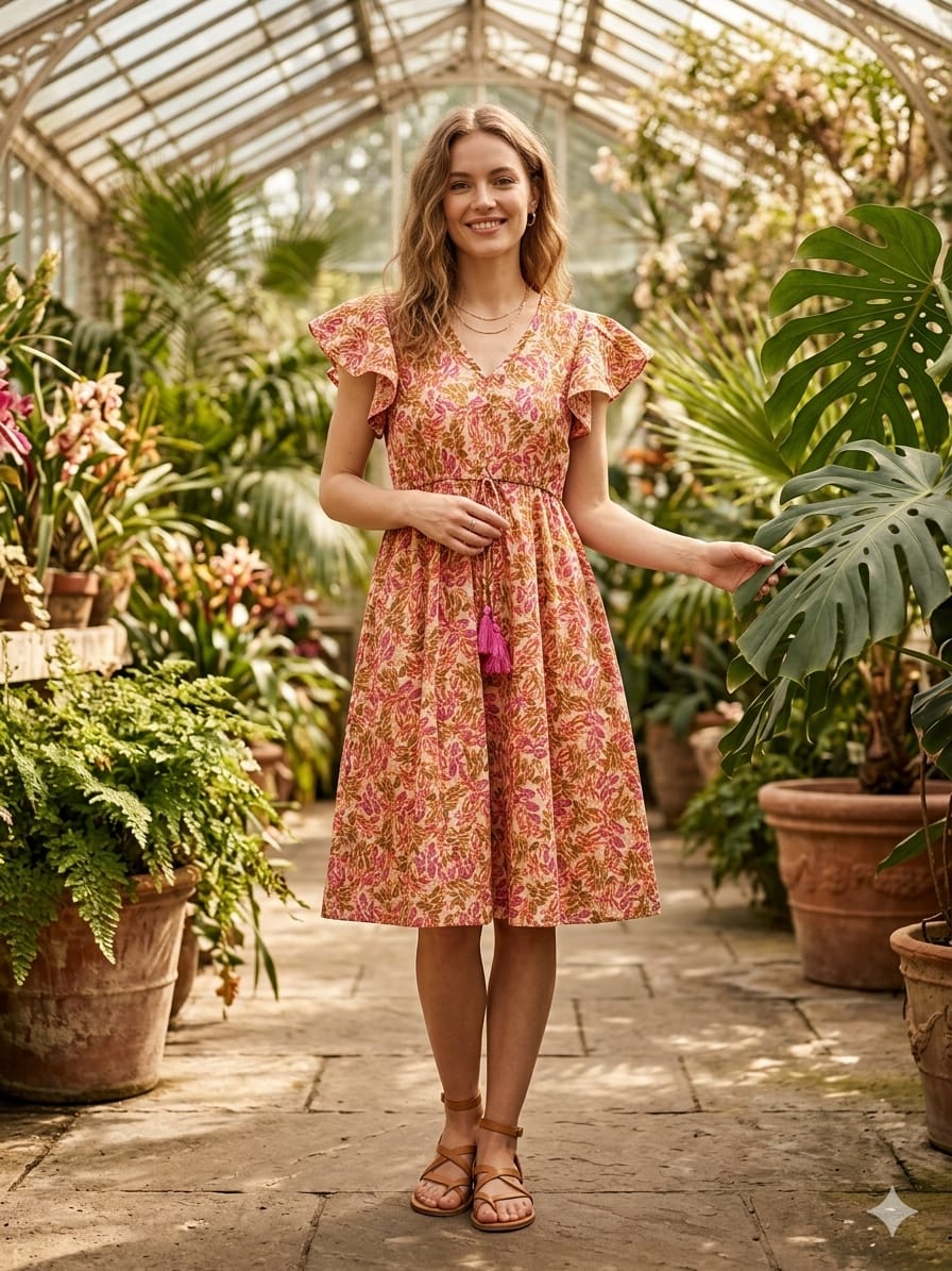 Mom & Me Orange Floral Printed Cotton Umbrella Style A-Line Dress with Drawstring Waist