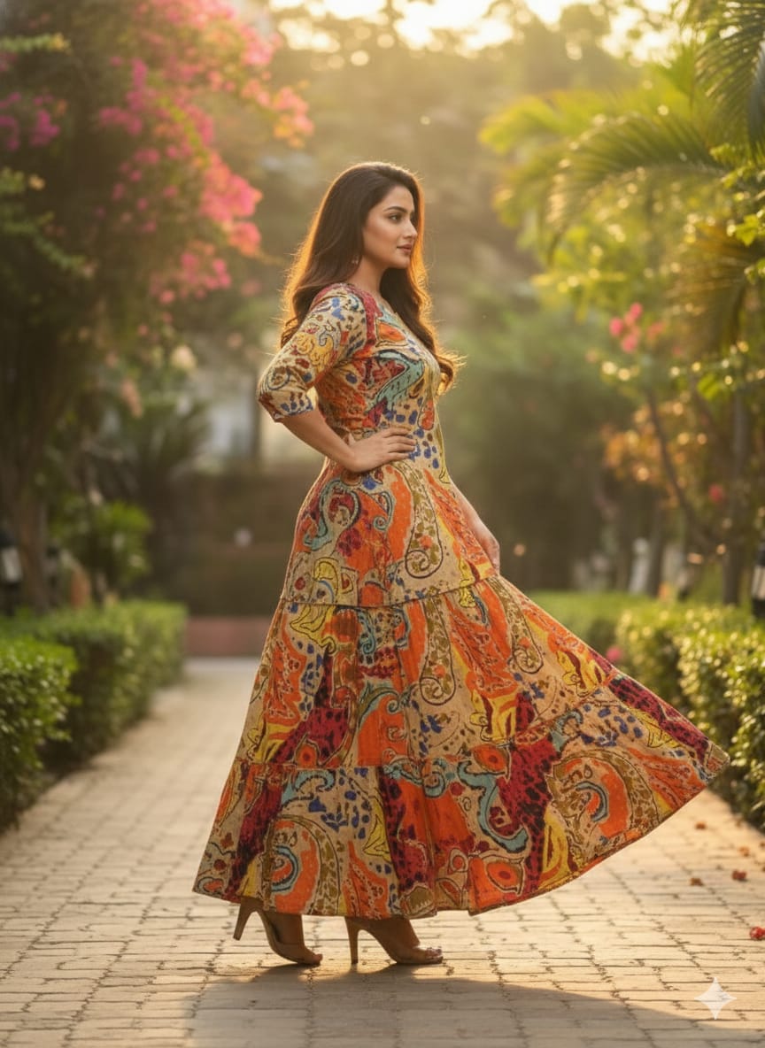 Women’s Multicolor Paisley Print Cotton Kurta with Flared Skirt