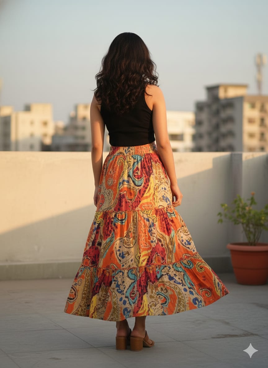 Women’s Multicolor Paisley Printed Cotton Tiered Skirt