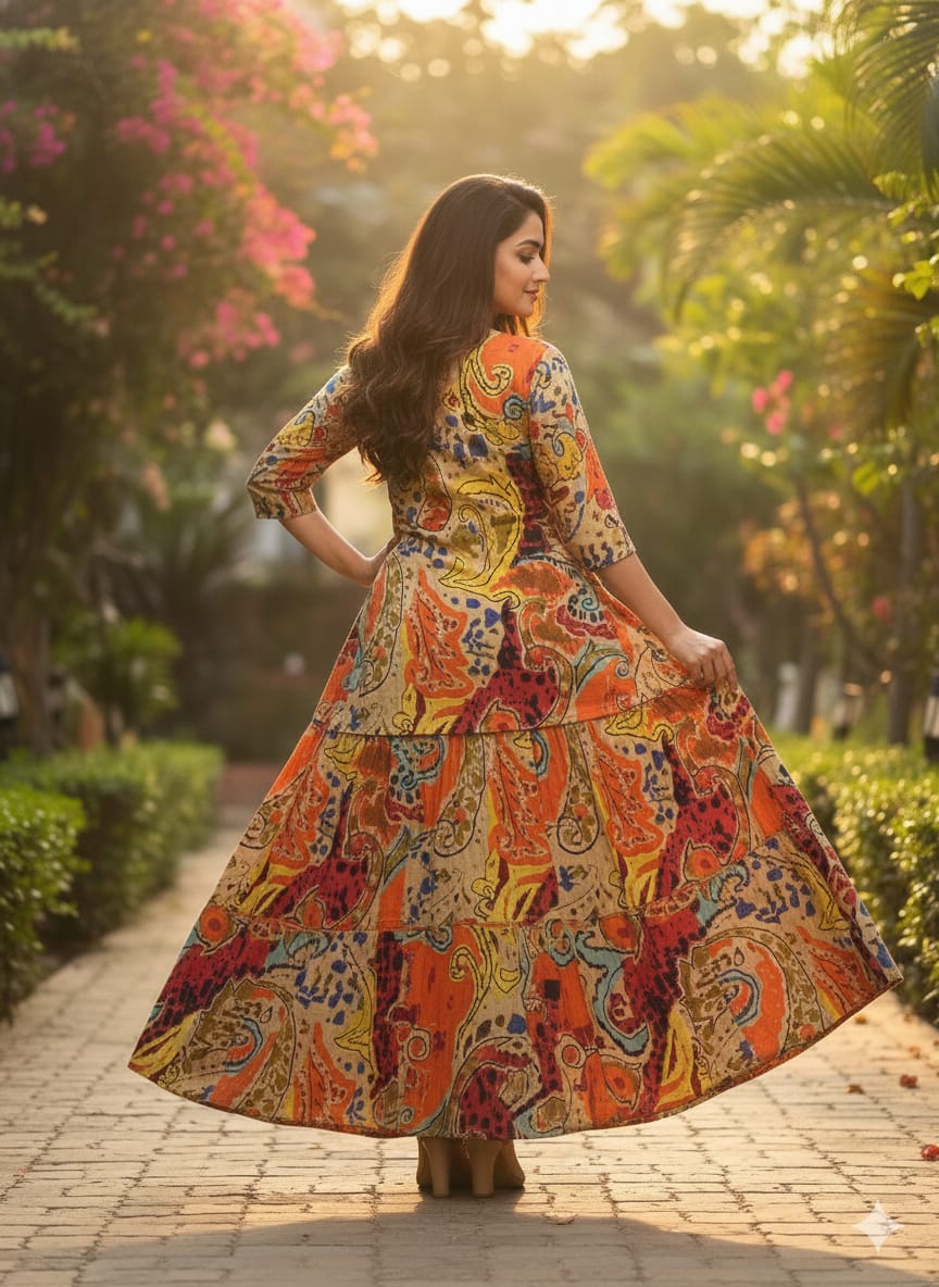 Women’s Multicolor Paisley Print Cotton Kurta with Flared Skirt