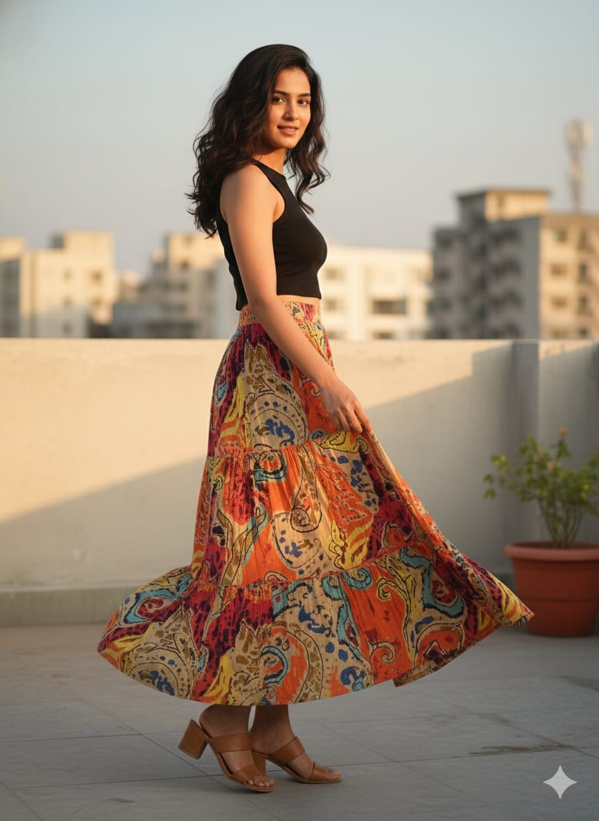 Women’s Multicolor Paisley Printed Cotton Tiered Skirt