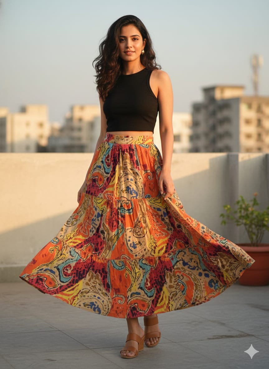 Women’s Multicolor Paisley Printed Cotton Tiered Skirt