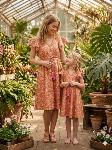 Mom & Me Orange Floral Printed Cotton Umbrella Style A-Line Dress with Drawstring Waist