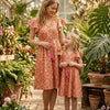 Mom & Me Orange Floral Printed Cotton Umbrella Style A-Line Dress with Drawstring Waist