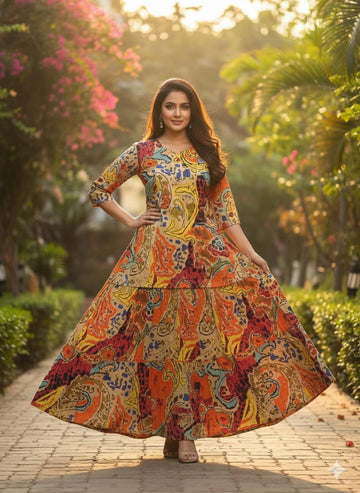 Women’s Multicolor Paisley Print Cotton Kurta with Flared Skirt